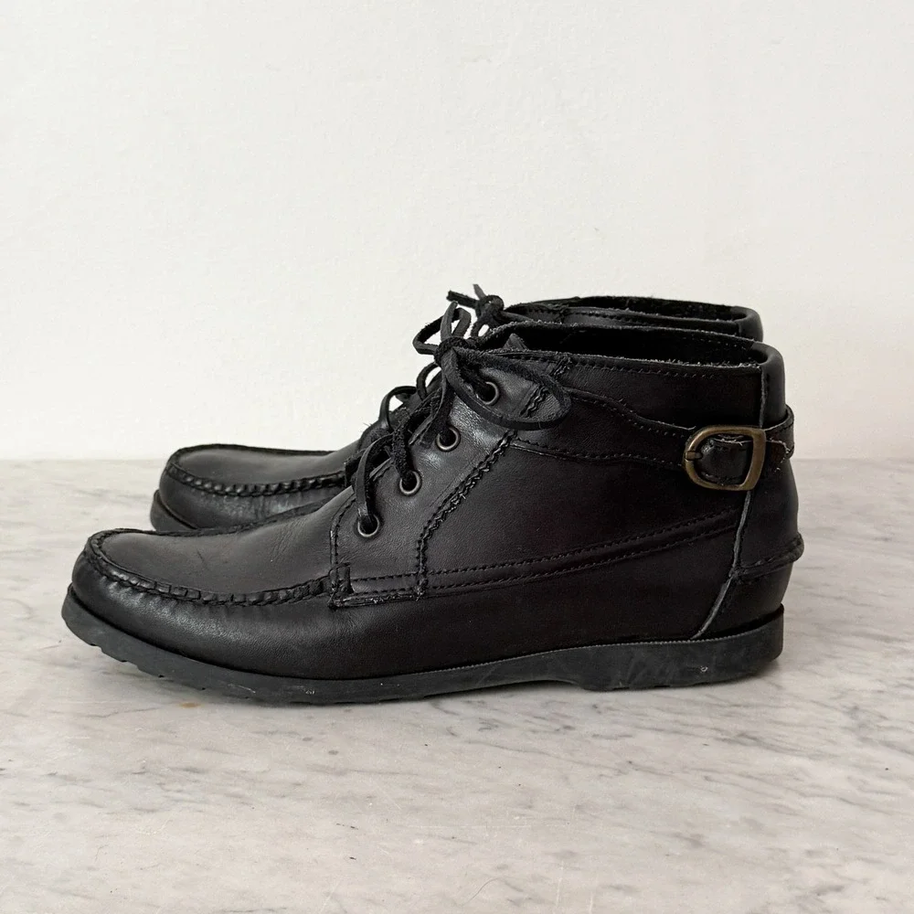 Vintage Black Leather Moc Toe Ankle Boots Buckle Detail 7.5W Chukka Shoes